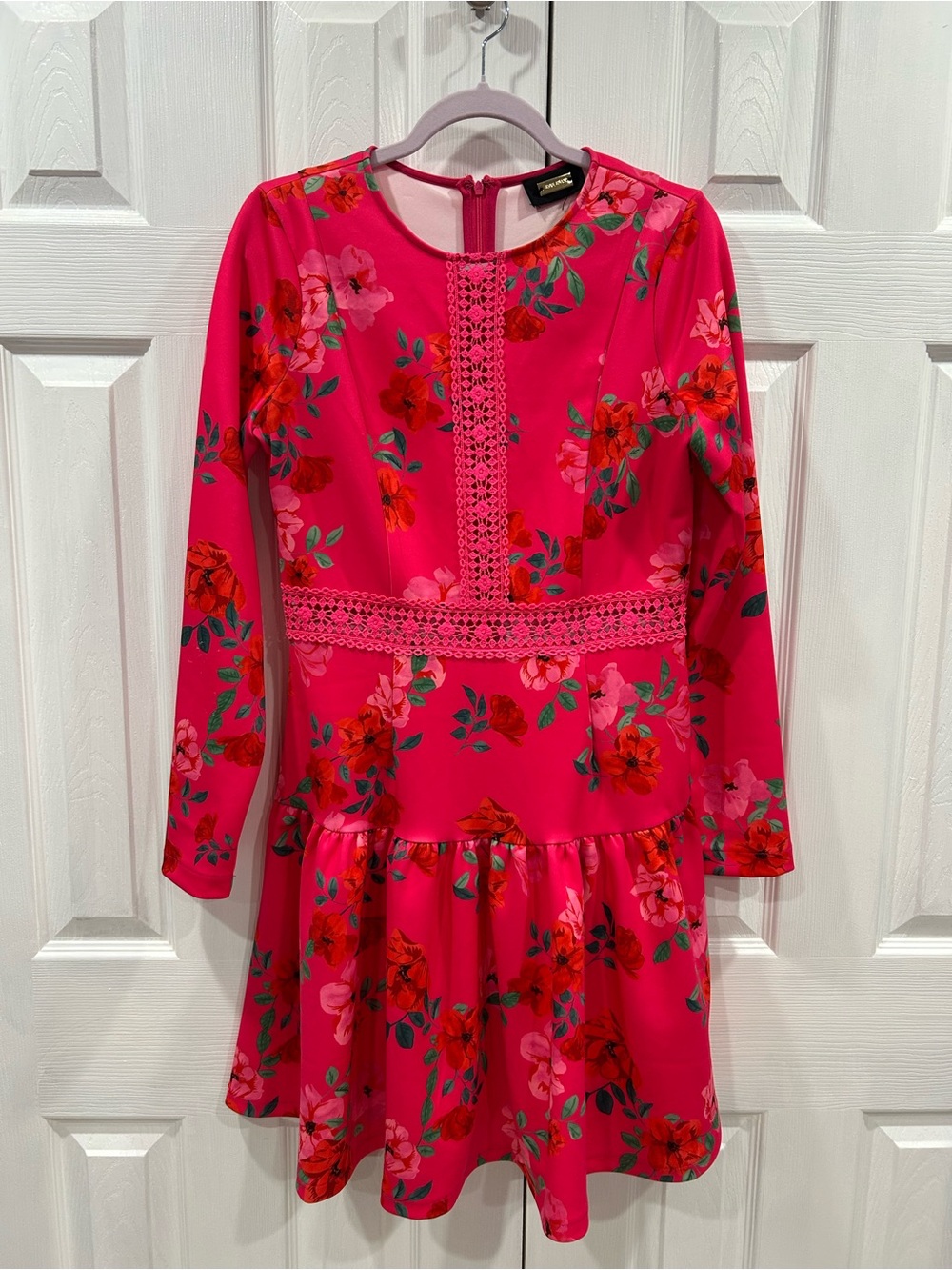 Alexia Admor Hot Pink Floral Midi Dress with Lace Trim
